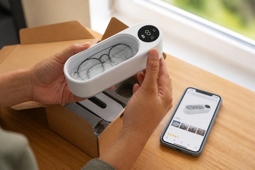 Close-up of a person's hands holding a product package and examining the label carefully, with a smartphone nearby showing a product listing on a bright screen, natural window light