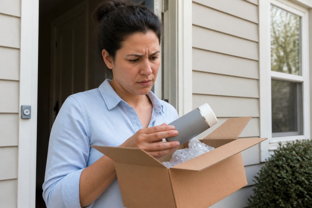 A person holding a cardboard delivery box at their doorstep, examining a product inside with a skeptical expression under soft daylight