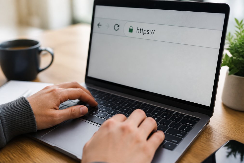 Close-up of a person's hands on a laptop keyboard, browser address bar clearly showing a padlock icon and HTTPS URL, soft natural light on a wooden desk