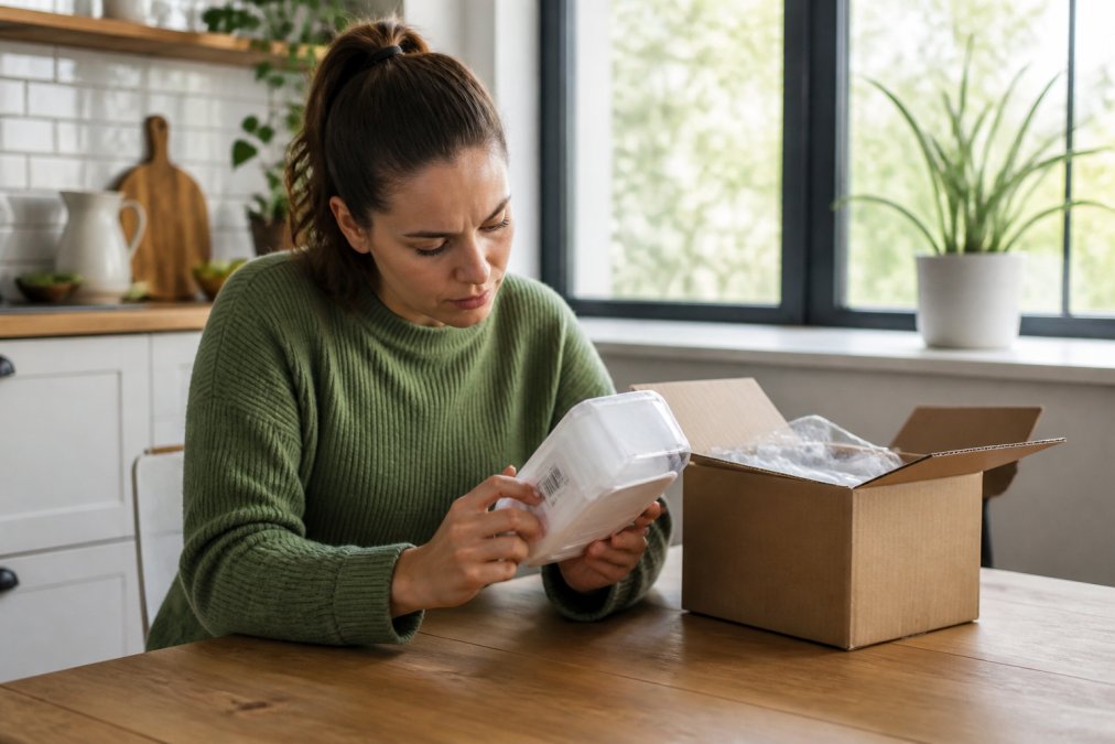 Person carefully examining a newly unboxed product on a kitchen table, inspecting packaging labels and batch number details, natural daylight from a nearby window