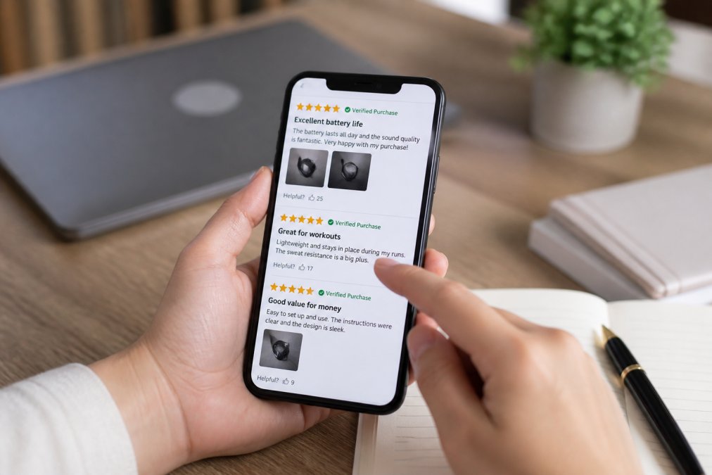 Close-up of a smartphone screen displaying product reviews with visible verified purchase badges highlighted, hand pointing to authentic customer feedback sections with specific product details mentioned