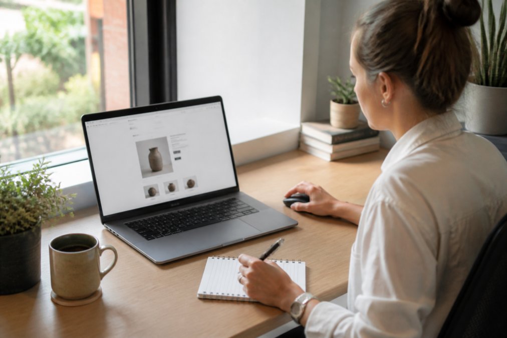 Person sitting at a desk with a laptop and notebook, manually counting product stock levels from an online page