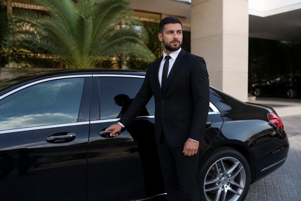 Professional chauffeur in formal black suit and white dress shirt standing beside a luxury black sedan, displaying confident posture with hand on vehicle door, natural daylight in upscale driveway setting