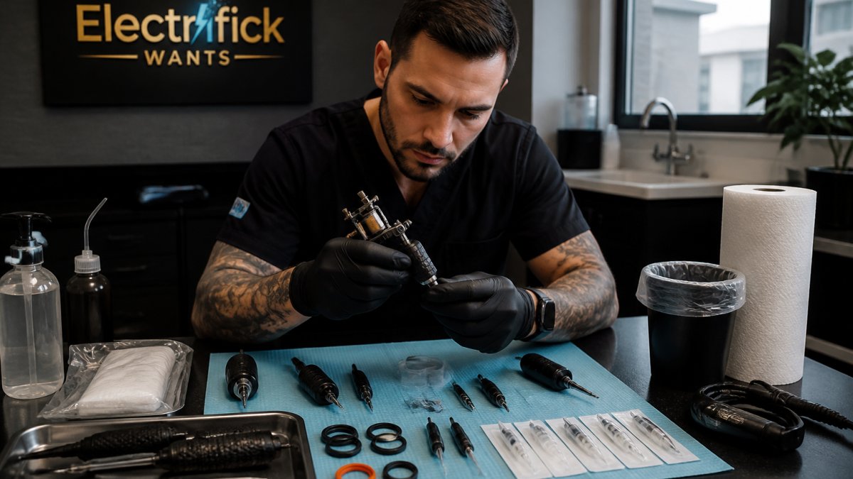 Professional demonstrating how to verify professional tattoo equipment technique in modern clinical setting with natural lighting