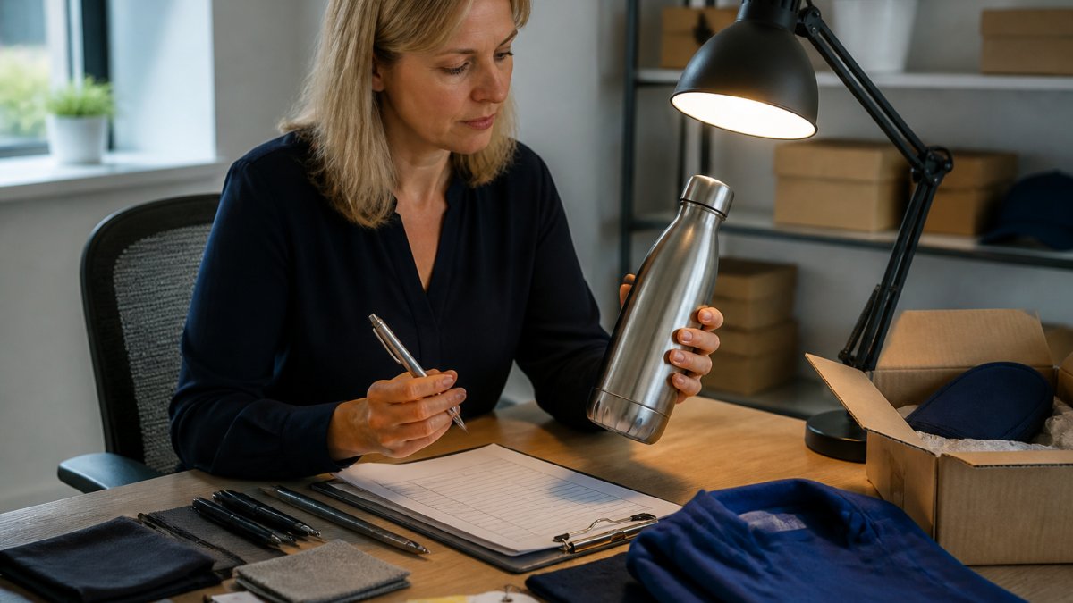 A procurement officer in a bright office inspecting a branded stainless steel water bottle and a custom pen under a desk lamp, with a clipboard checklist and color swatches on the table