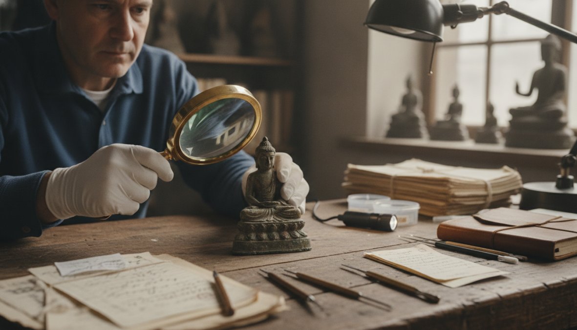 Close-up of an art expert's hands examining a Buddhist statue with a magnifying glass, carefully inspecting inscriptions and patina details on the weathered surface under bright museum lighting