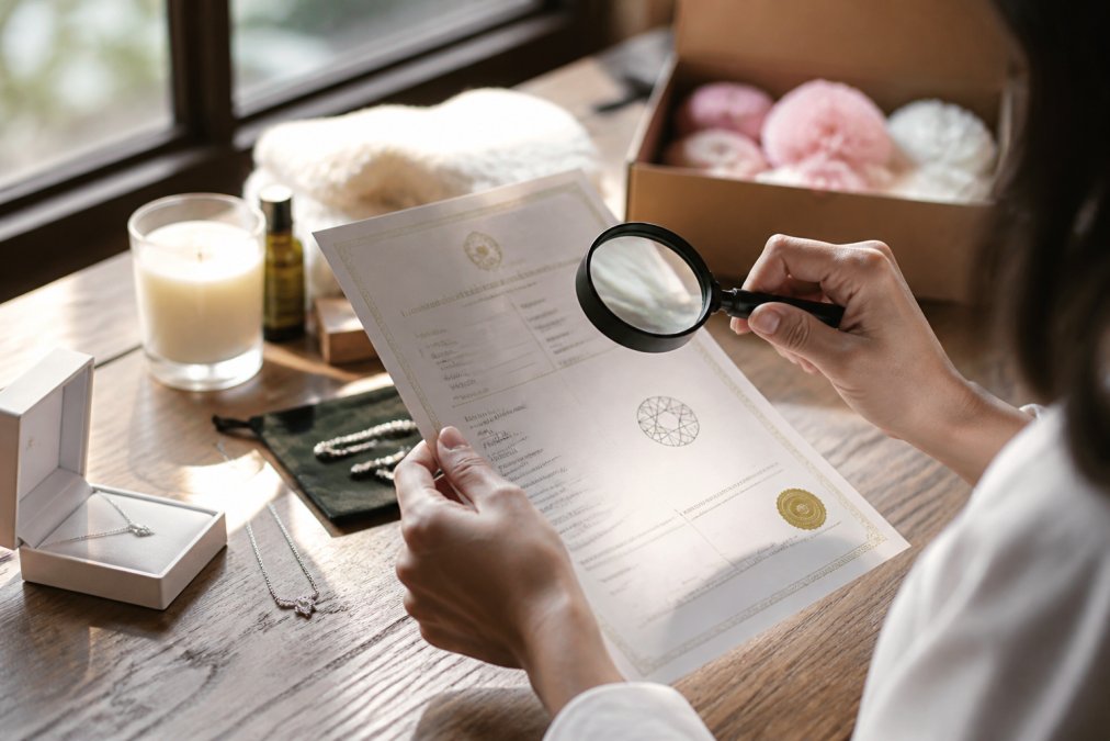Close-up photograph of hands holding a moissanite certification document with magnifying glass, examining detailed text and specifications under warm natural window light