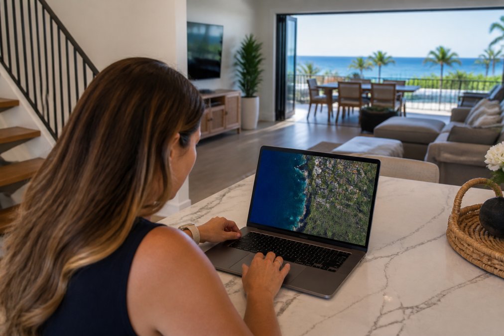 Person viewing a coastal property listing on a laptop screen, with satellite imagery of ocean and terrain visible on the display, natural daylight from a window