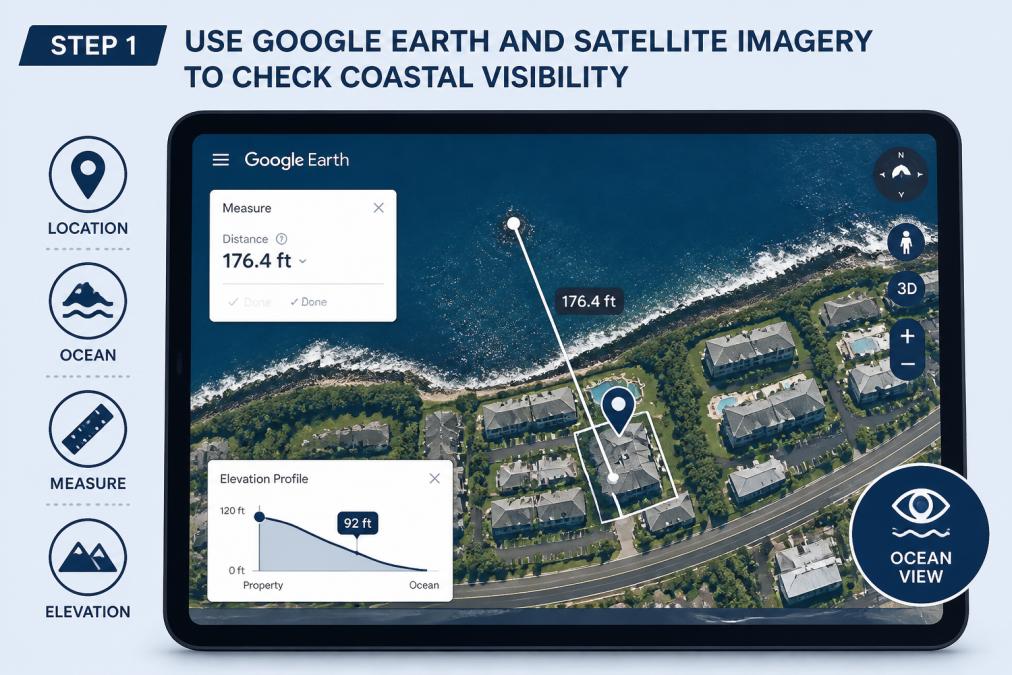 Close-up of a tablet screen showing Google Earth zoomed to a coastal property location with distance measurement tool active, ocean and surrounding terrain clearly visible