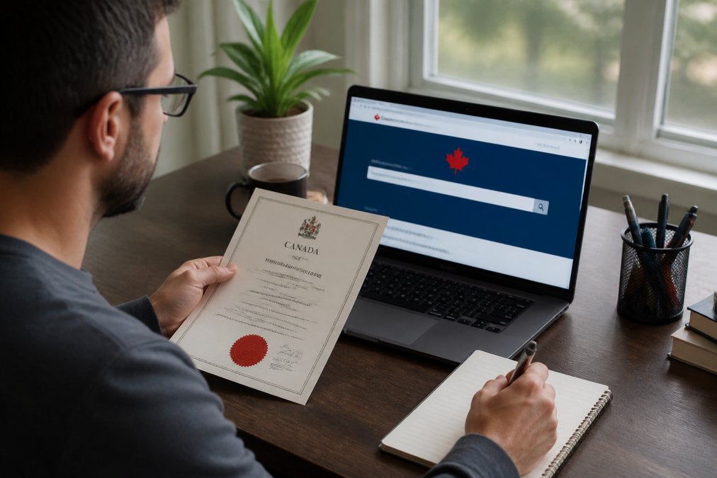 A person sitting at a home desk, looking at a laptop screen showing a government website with a search bar, holding a Red Seal certificate in one hand, with a notebook and pen nearby