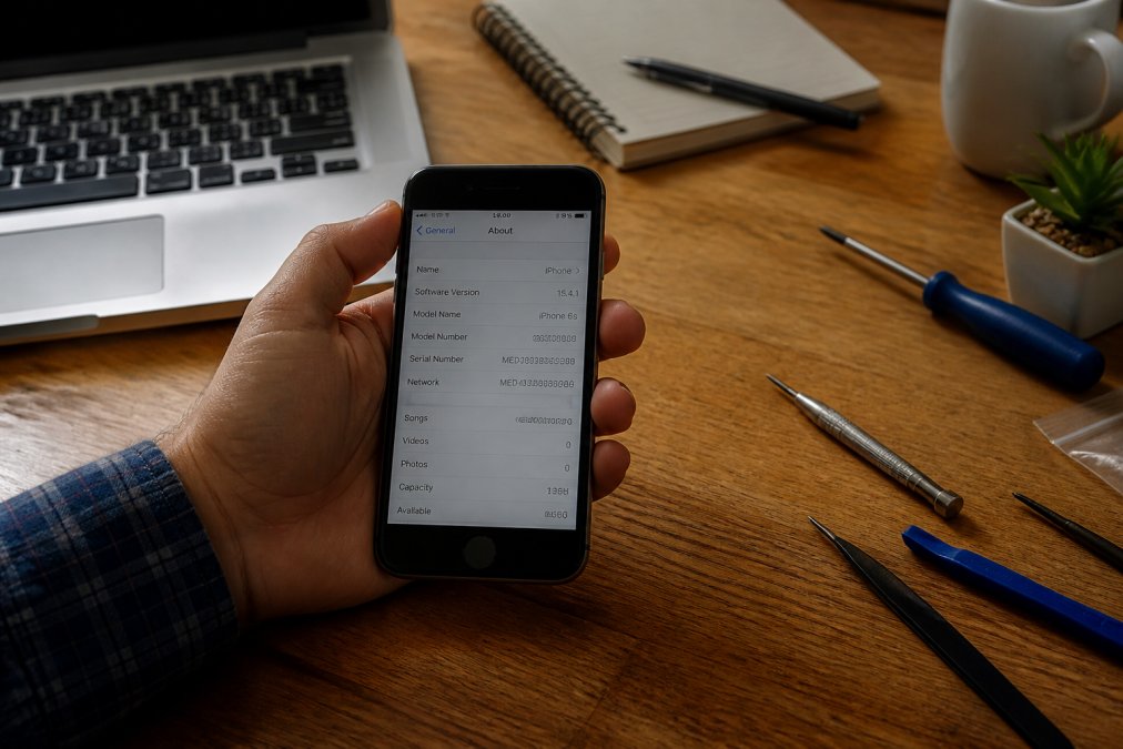 Person checking a smartphone serial number to verify a refurbished device warranty at a wooden desk