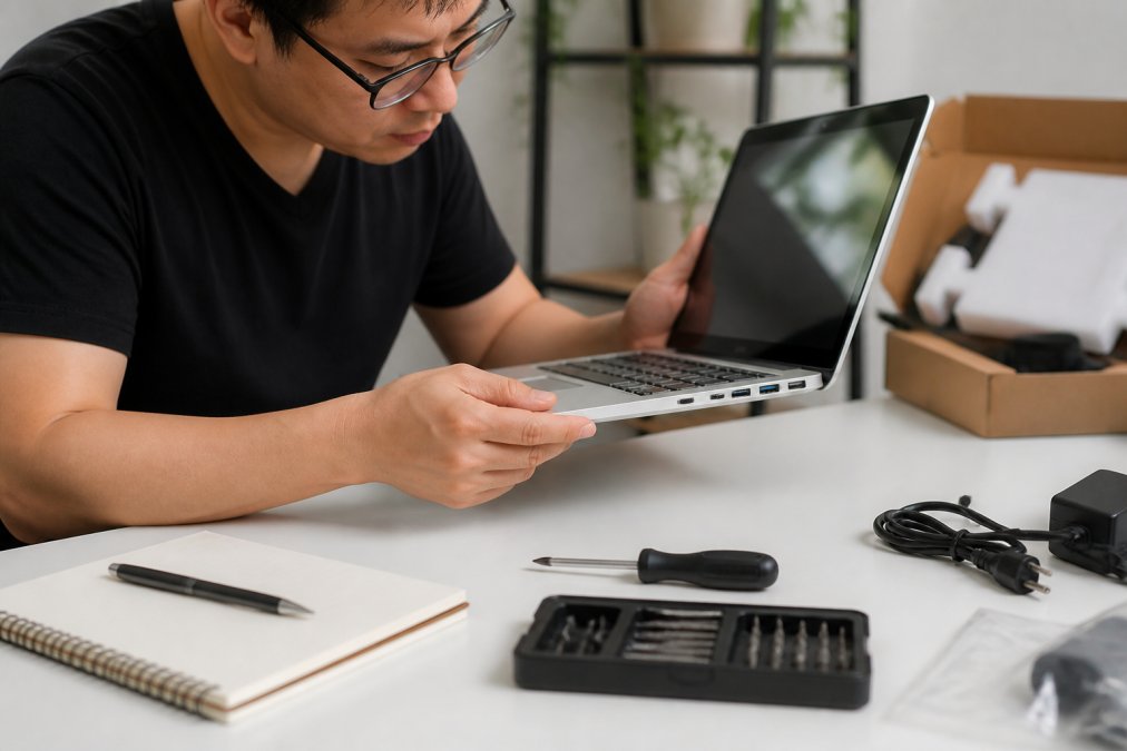 Person carefully inspecting a refurbished laptop on a clean white desk, checking the ports and screen surface under good lighting, with a notepad nearby