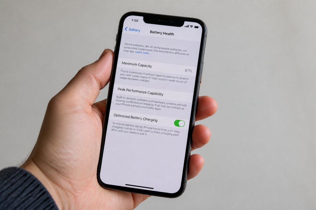 Close-up of a smartphone screen displaying battery health settings at 87%, held in a person's hand against a neutral light gray background