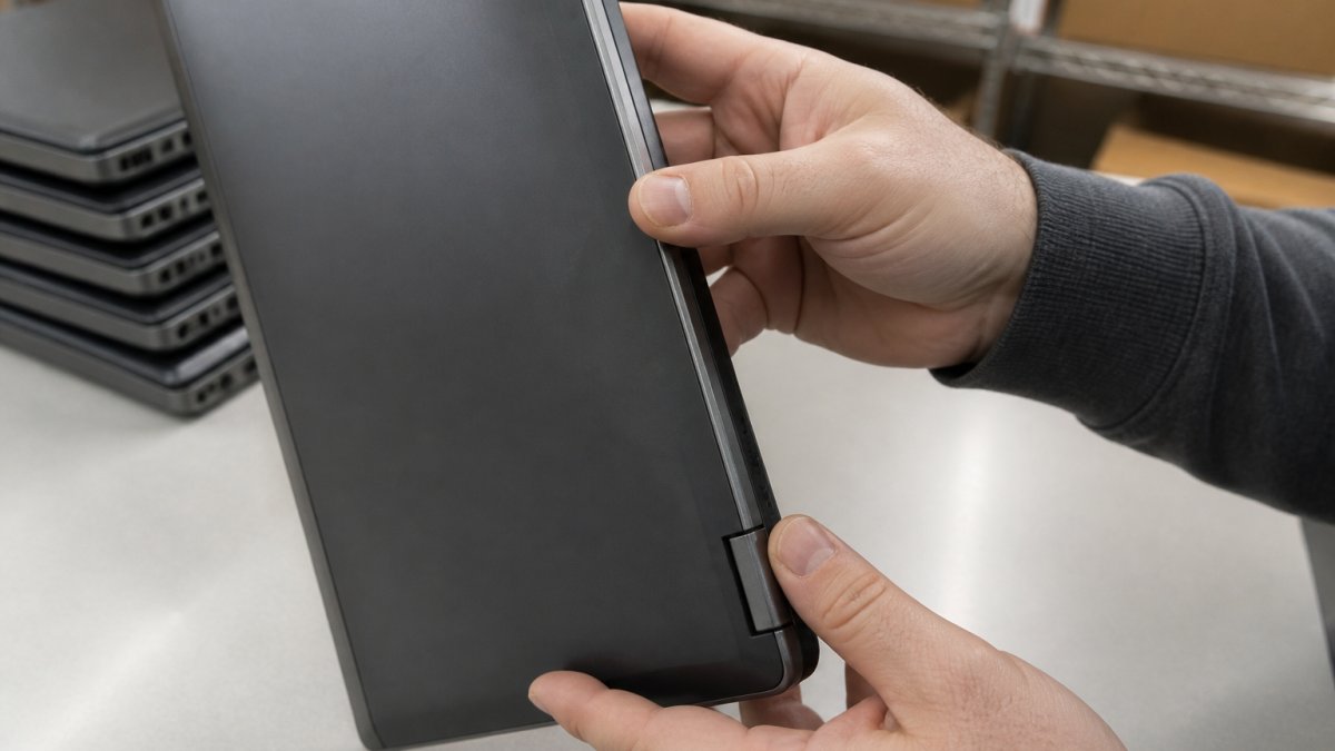 Hands inspecting a laptop chassis and hinges to verify refurbished laptop condition for signs of wear.
