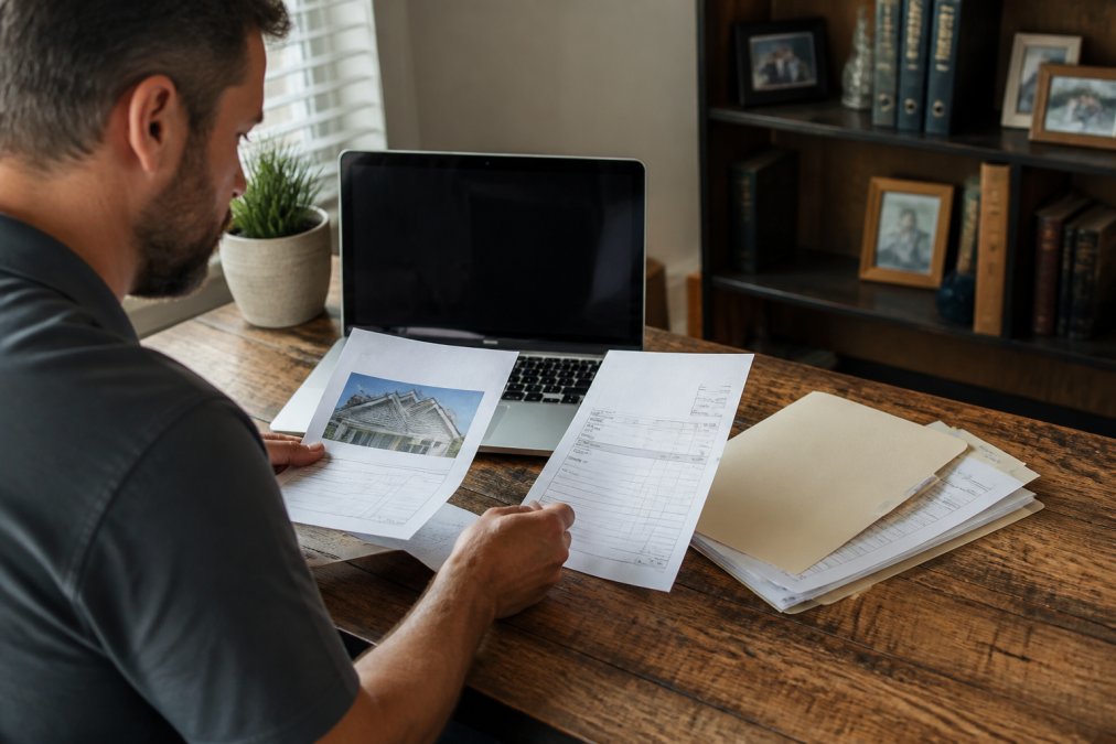Homeowner organizing roof warranty documents and original invoice at a desk with a laptop showing digital file organization