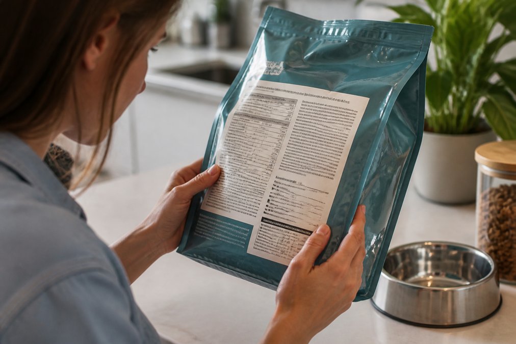 Close-up of pet owner's hands holding a pet food bag, carefully reading the ingredient list and nutrition label in natural kitchen lighting