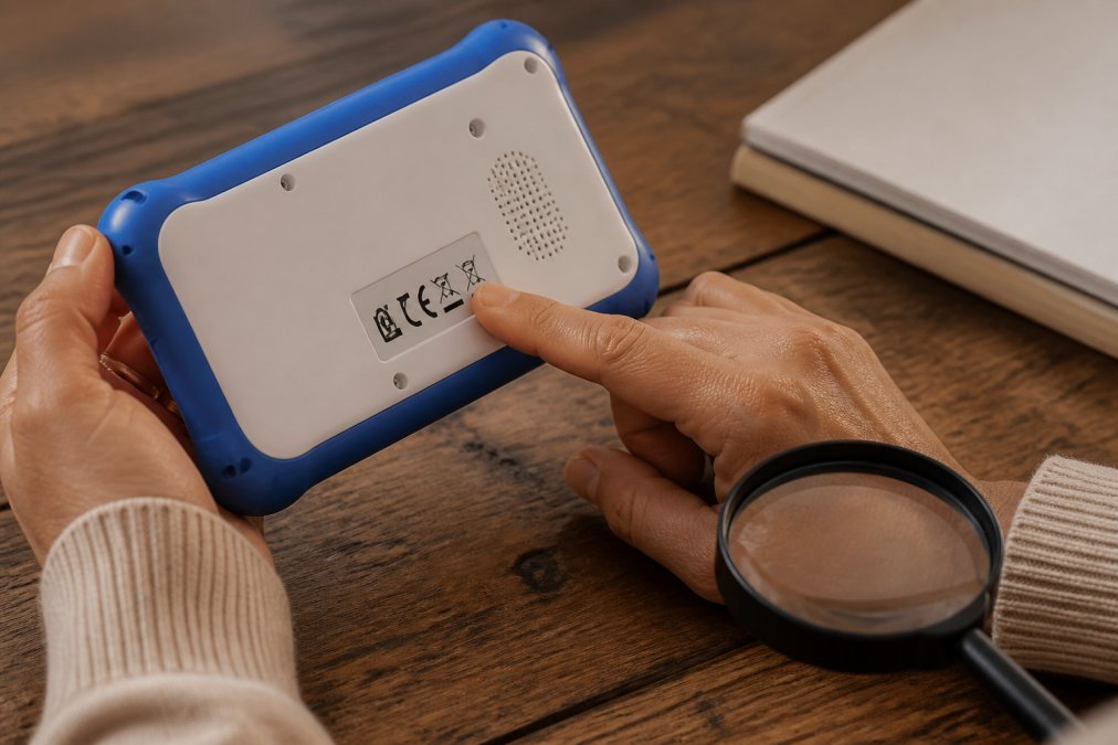 Close-up of a parent's hands holding a kids' electronic gadget, pointing at the safety certification label on the back of the device, with a magnifying glass nearby on a wooden table