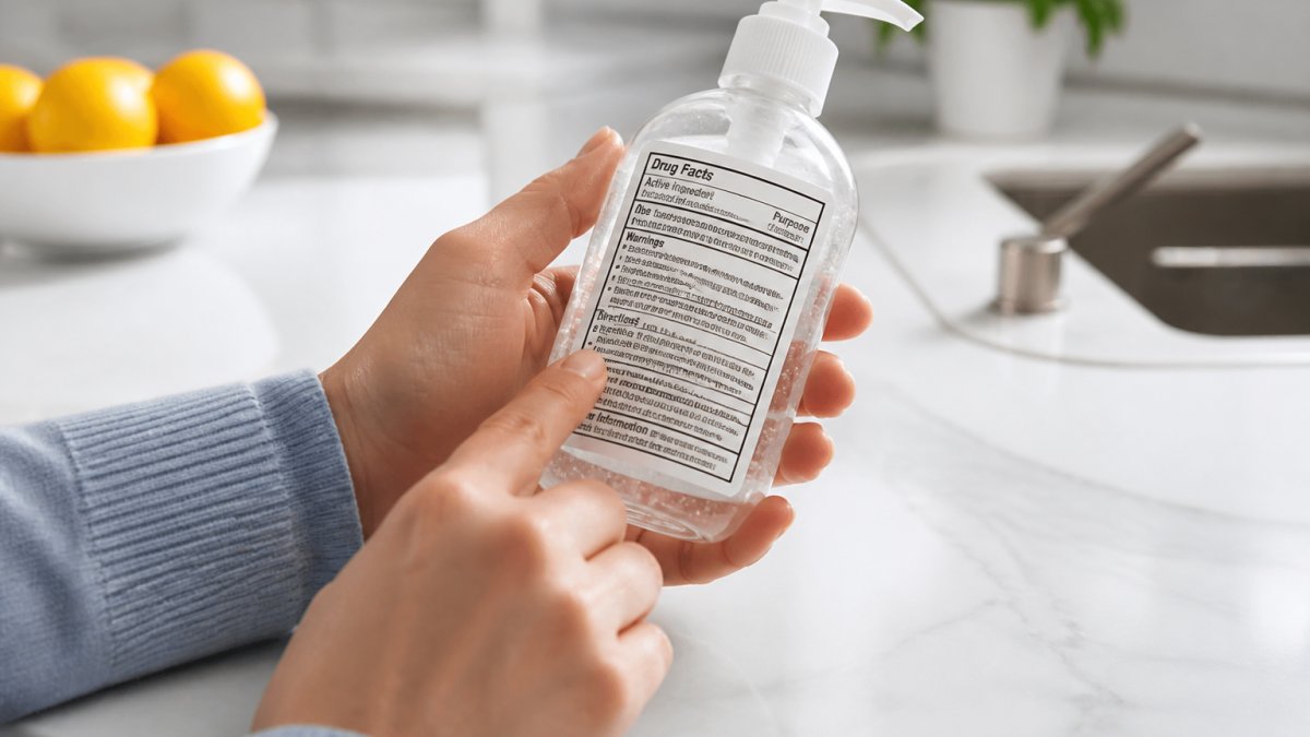 Close-up of a person's hands holding a hand sanitizer bottle in bright kitchen light, turning the back label toward the camera to read the ingredient list