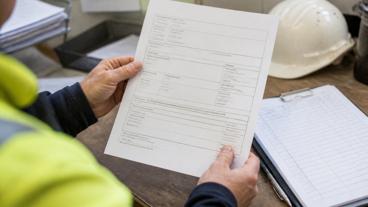 Close-up of a scaffolder's hands holding a printed insurance certificate next to a clipboard and safety helmet on a site office desk
