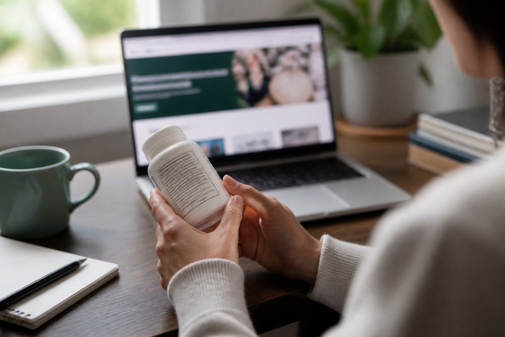 Close-up of a person's hands holding a white supplement bottle and carefully examining the label, with a laptop open in the background displaying a certification organization's website, soft natural light from a window