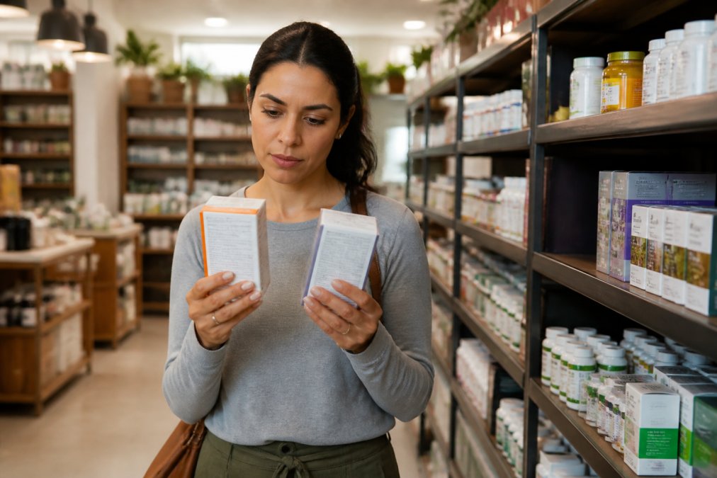 A woman standing in a bright wellness store aisle, holding two product boxes side by side with a thoughtful, discerning expression, surrounded by shelves of health and supplement products under warm overhead lighting