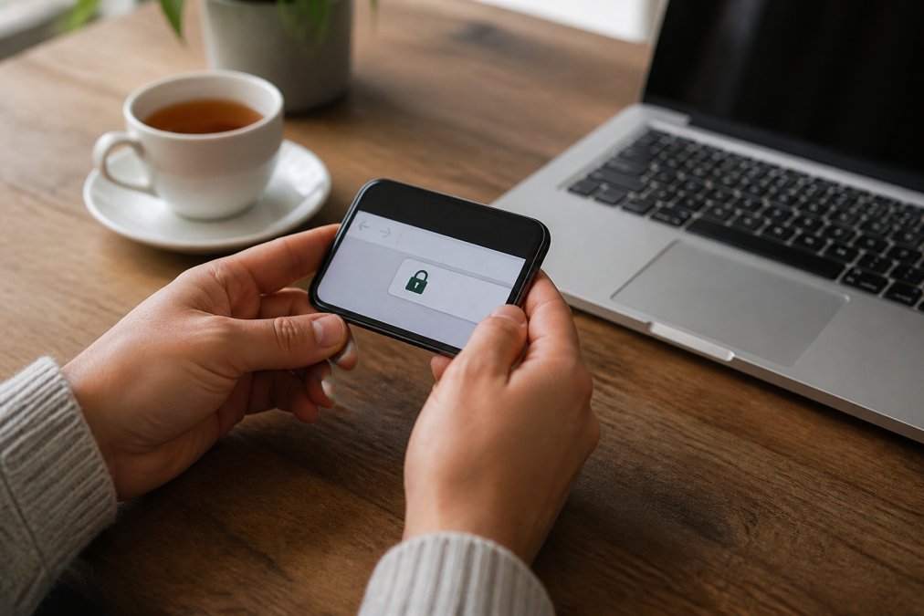 Close-up of hands holding a smartphone displaying a browser address bar with a visible padlock icon, a laptop and a cup of tea on a wooden desk nearby
