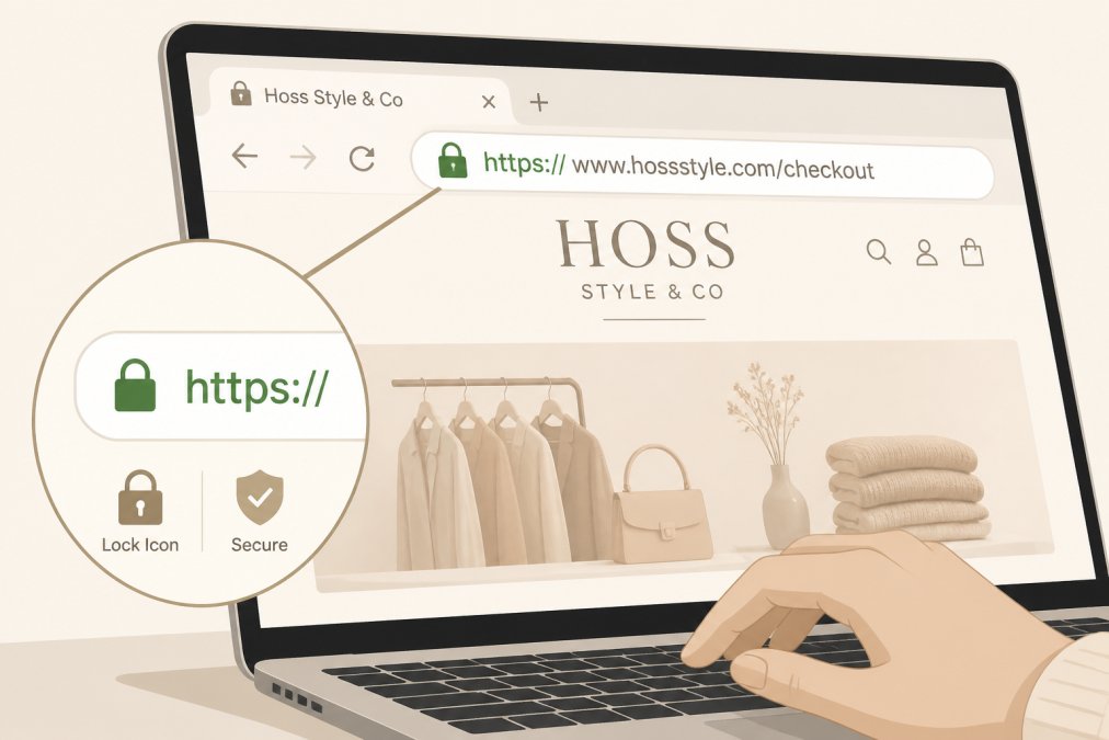 Close-up of a laptop browser address bar showing HTTPS protocol and a green lock icon next to the website URL, with a shopper's hand positioned near the keyboard
