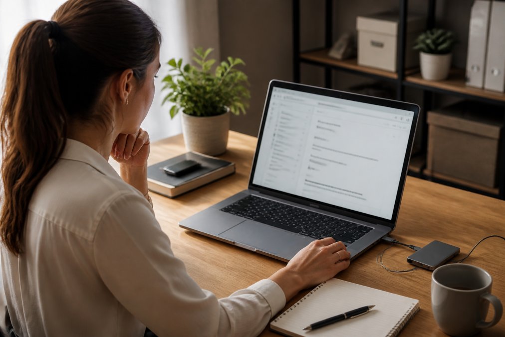 A person sitting at a desk reviewing a payment confirmation email displayed on a laptop screen, with a notebook and pen nearby for taking notes