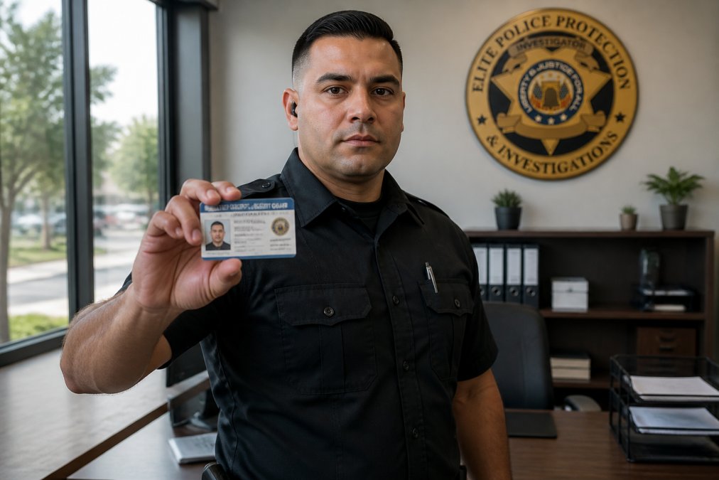 Professional security guard in uniform holding and displaying a state-issued security guard card with registration number and credentials clearly visible, standing in a well-lit professional office environment