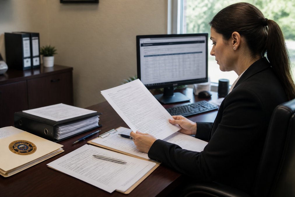 HR professional or property manager seated at desk reviewing security guard documentation and credentials, with files, verification forms, and computer screen visible showing a state license database lookup, in a modern office setting with natural lighting