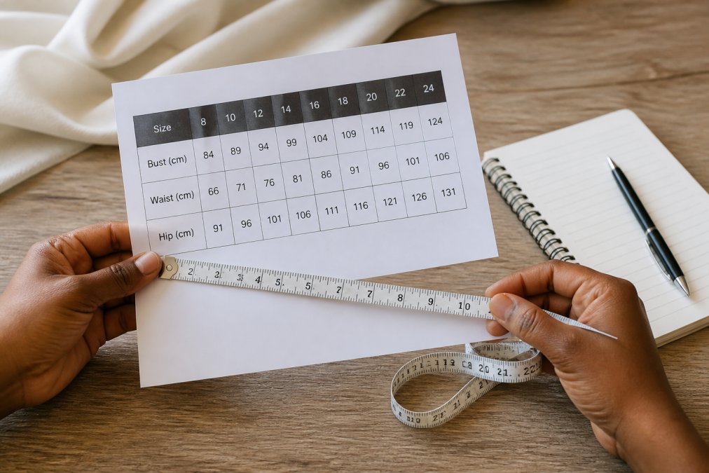 Close-up of hands holding a fabric tape measure and a printed size chart, with a notebook and pen nearby on a light wooden surface