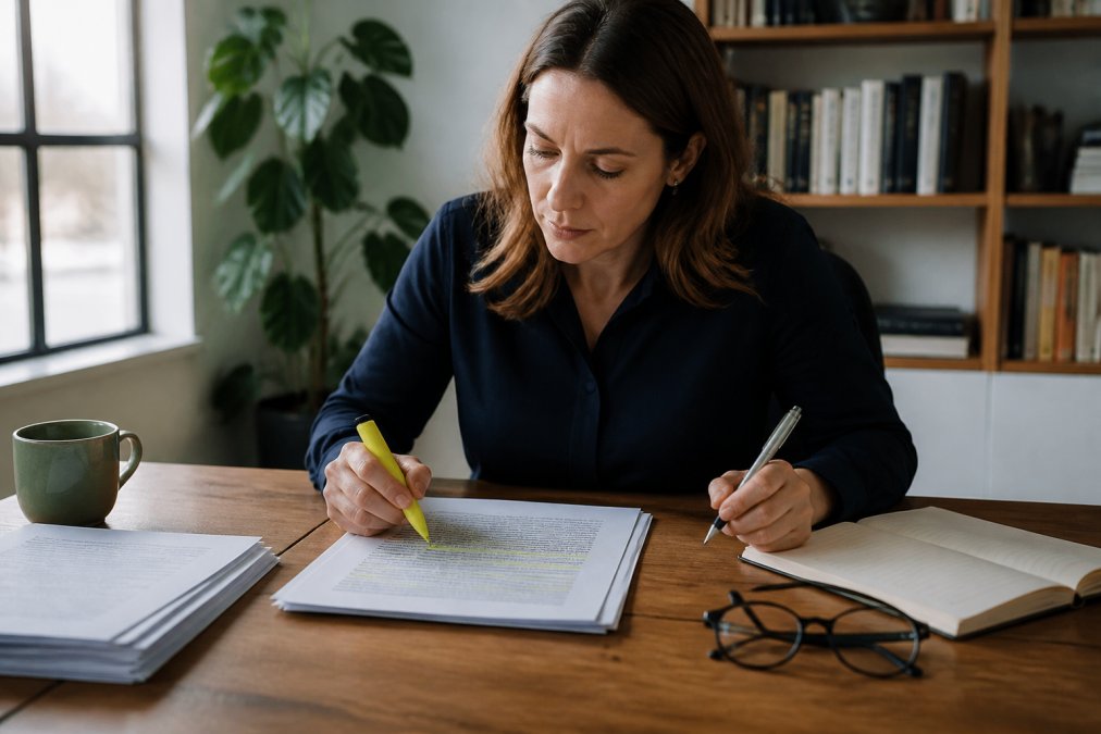 Professional woman reviewing a printed skincare clinical study document at a wooden desk, holding a highlighter and pen, with reading glasses and a notebook nearby, natural window lighting