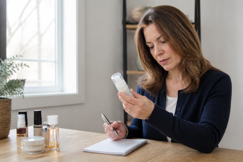 Woman in her 40s examining skincare product packaging and ingredients list at a bright wooden table, holding a pen and notepad, natural daylight from window, focused expression