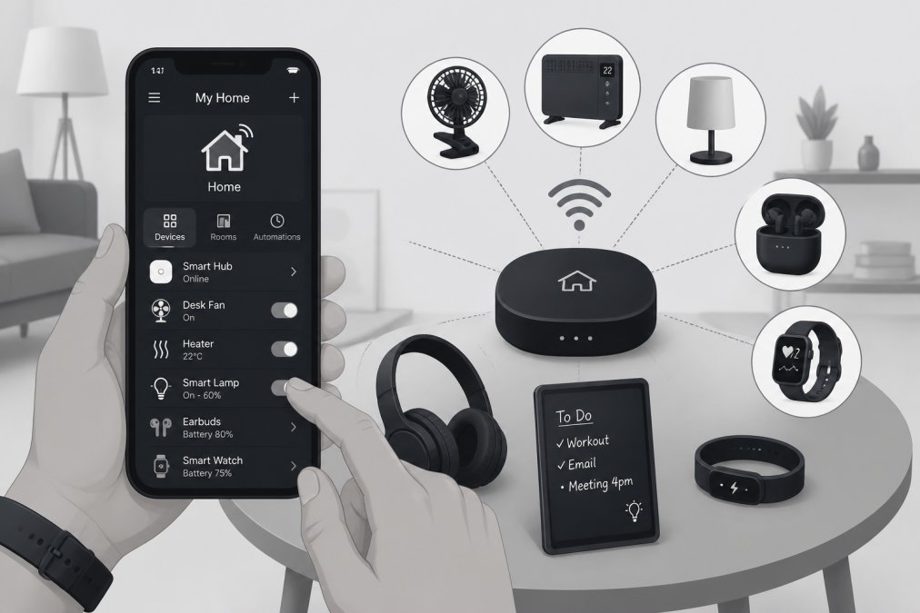 Close-up of hands holding a smartphone displaying a smart home app interface with a smart home hub and various devices visible on a side table in a modern living room