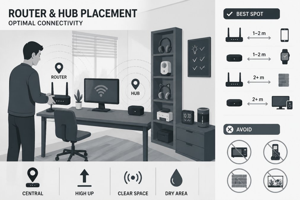 Person checking a router and smart home hub placement in a home office, showing proper device positioning for optimal connectivity