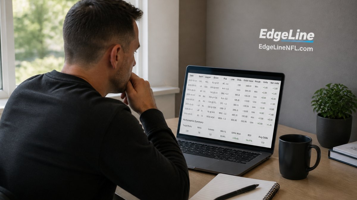 Professional sports bettor reviewing detailed pick records and statistics on a laptop screen with a notebook and pen nearby on a clean desk