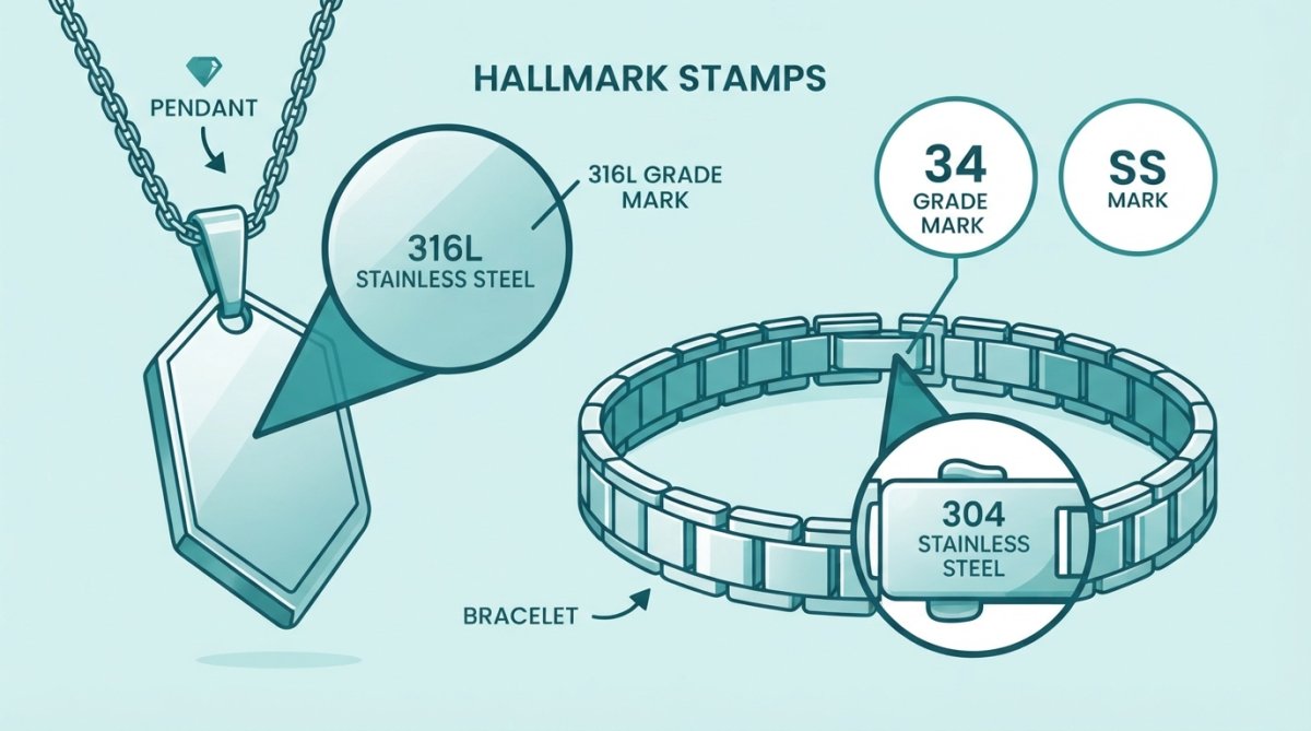 Close-up of a stainless steel pendant and bracelet showing hallmark stamps (SS, 316L, 304) clearly visible under natural light against a white background