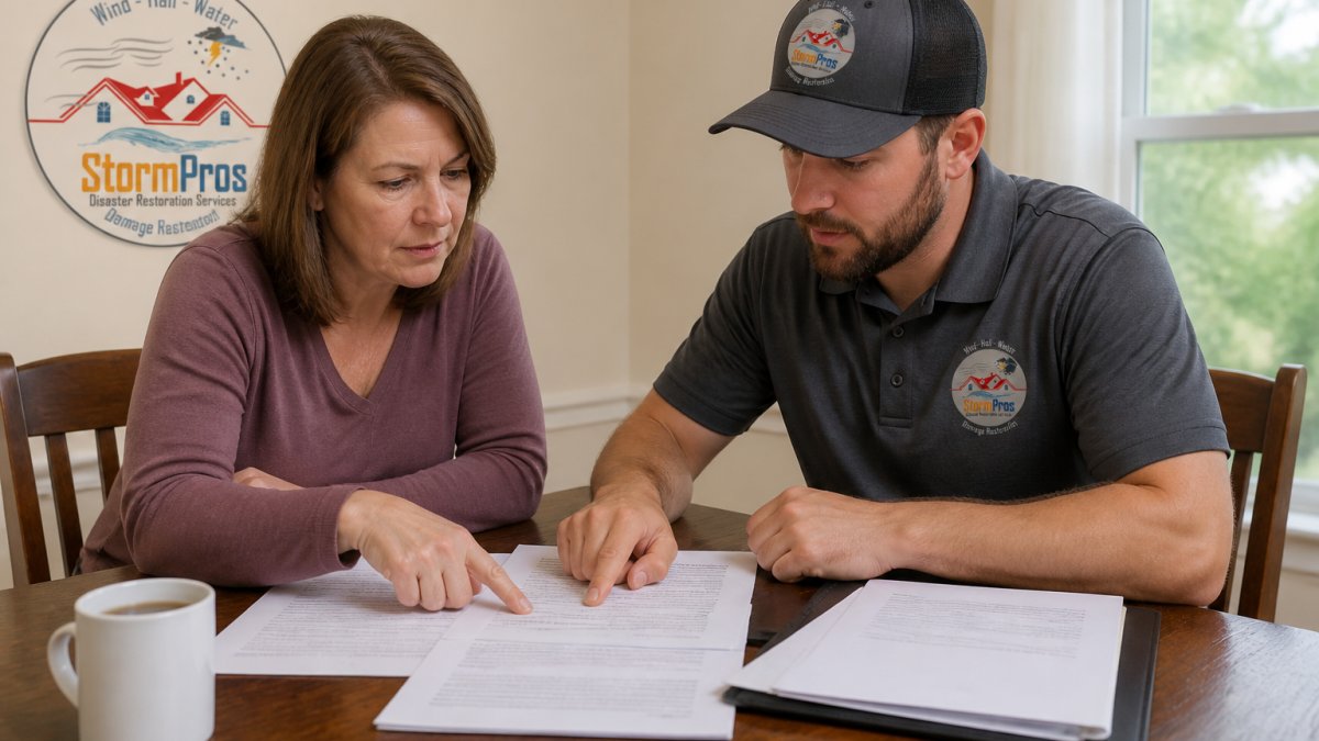 Flowchart showing a contractor and homeowner reviewing documents to verify storm restoration warranties.