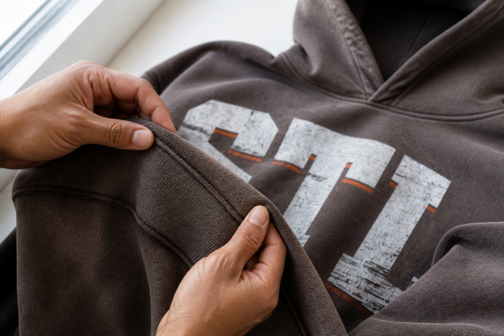Hands examining close-up seams and stitching details of a premium hoodie, showing stitch density and reinforcement points with natural window lighting