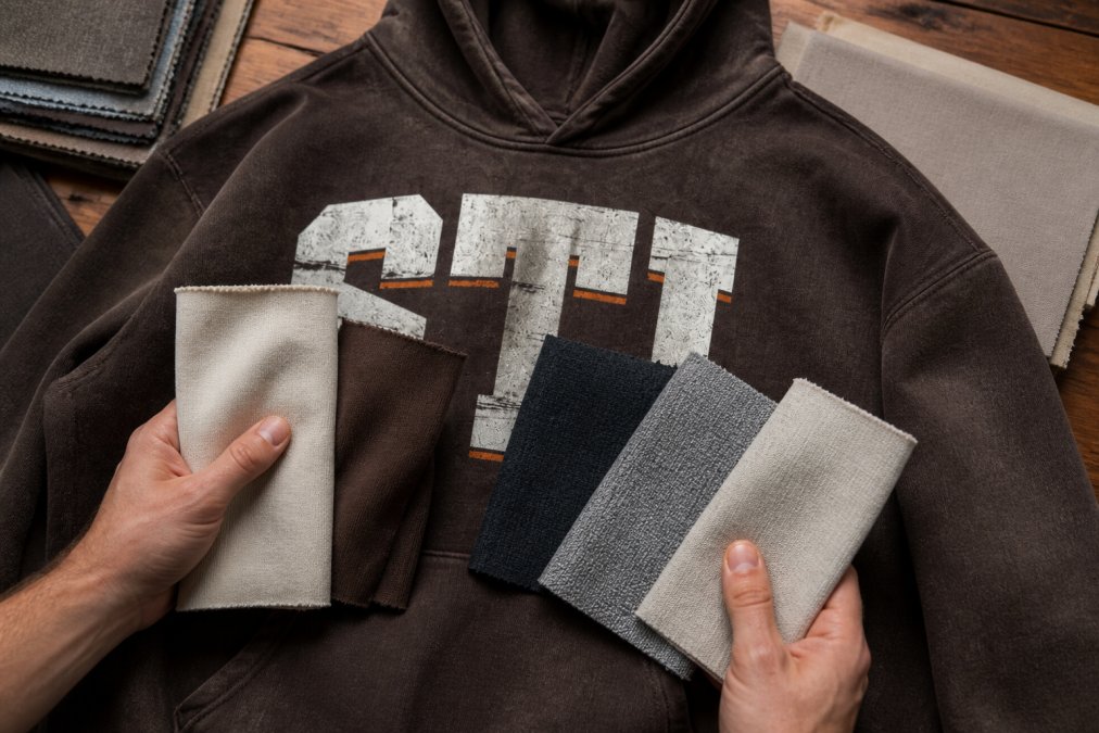 Hands holding and comparing different fabric swatches with varying textures and weights, natural cotton, synthetic blends, and mixed materials, in natural daylight