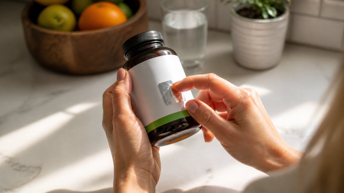 Close-up of hands holding a supplement bottle, inspecting a scratch-off verification seal on the label under bright natural light on a kitchen counter