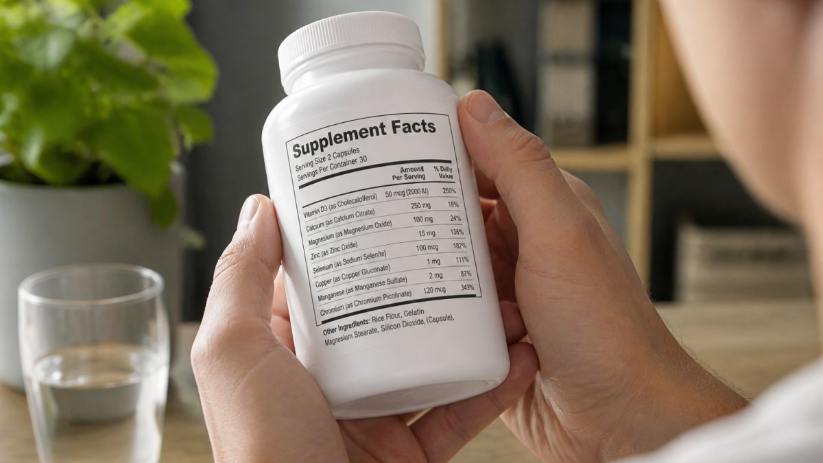 Close-up of hands holding a supplement bottle, showing the Supplement Facts panel clearly visible under natural light