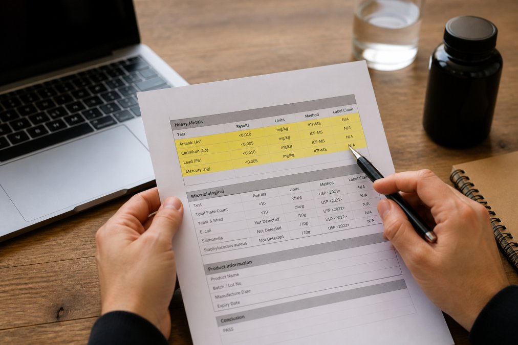 Close-up of hands holding a printed supplement lab report with a pen pointing at a highlighted heavy metals section, on a wooden desk with a laptop and a supplement bottle nearby