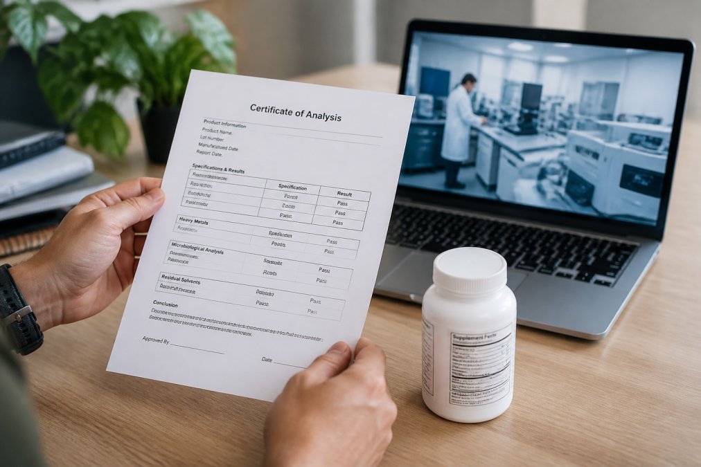 A close-up of a person's hands holding a printed Certificate of Analysis document next to a supplement bottle on a clean desk, with a laptop showing a testing laboratory website in the background