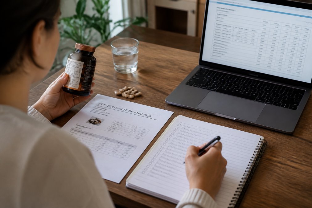 Person sitting at a desk with a supplement bottle, a printed Certificate of Analysis document, a notepad, and a laptop displaying test results, carefully cross-referencing the label claims with laboratory findings