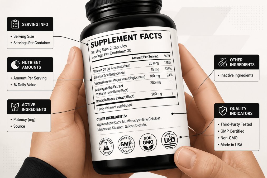 Close-up of hands holding a supplement bottle label under natural light, showing the Supplement Facts panel, ingredient list, and certification seals clearly visible