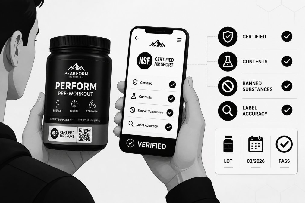 Person holding a supplement container while reviewing certification information on a smartphone, showing digital verification of third-party testing results