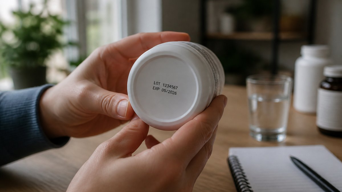 Close-up of hands holding a supplement bottle, reading the lot code and expiration date on the bottom label under natural light in a home setting
