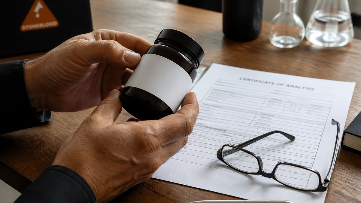 Close-up of hands holding a supplement bottle with label visible, next to a printed certificate of analysis on a desk with reading glasses