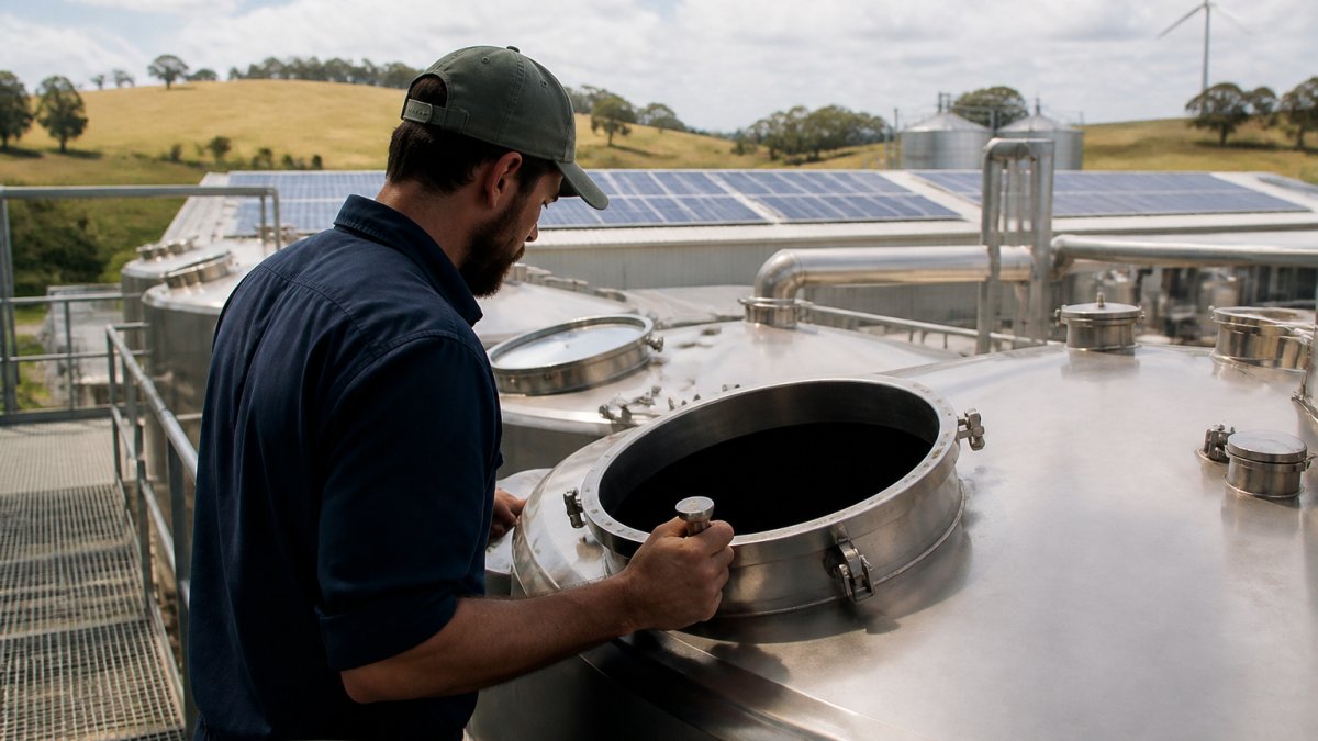 Distillery worker inspecting fermentation tanks with solar panels and renewable energy infrastructure visible in the background of the production facility